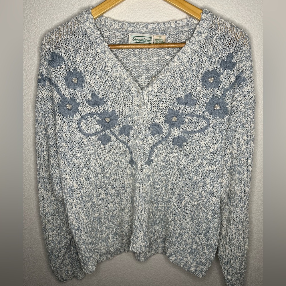 Light Blue Floral V-Neck Women's Sweater